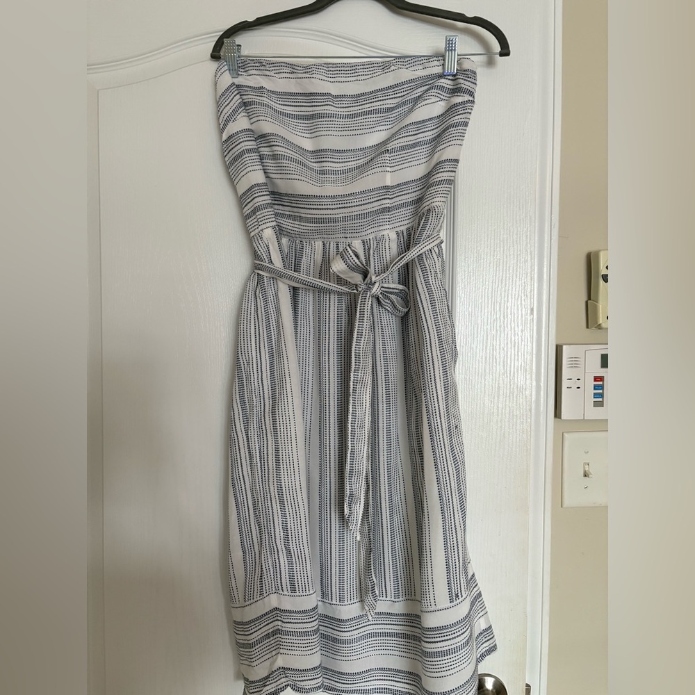 Loft blue and white nautical striped strapless dress, knee length,belt, side zip